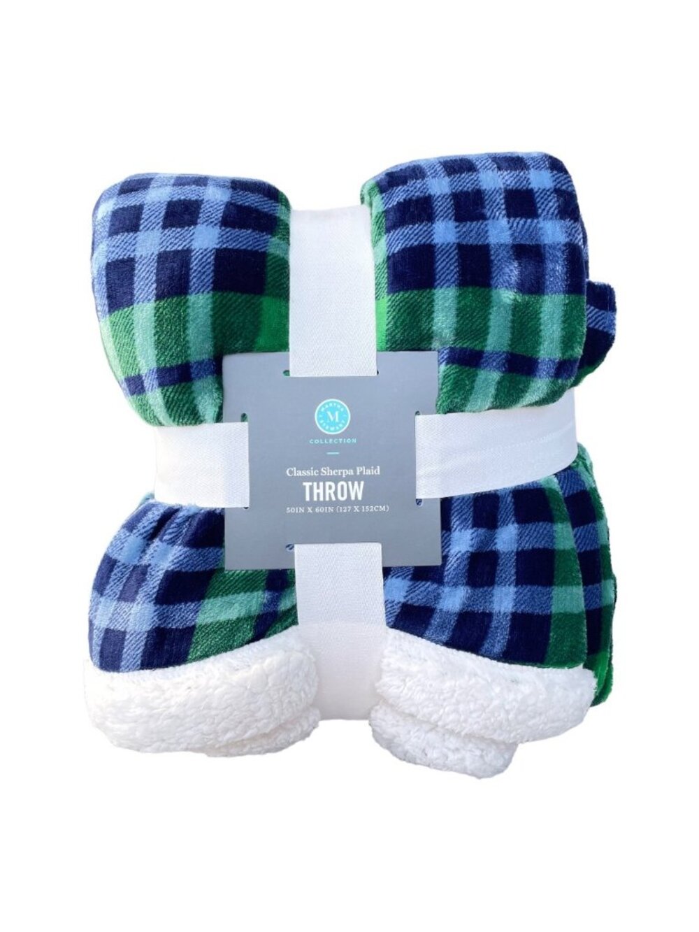 Martha Stewart Collection Classic Sherpa Blue Green Plaid Throw